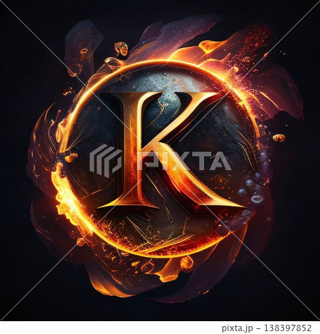 K letter in fire flames. 3D illustration. Design element. 138397852