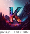Alphabet letter K in the mountains. 3D illustration. Fantasy style. 138397863