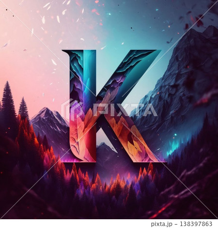 Alphabet letter K in the mountains. 3D illustration. Fantasy style. Alphabet letter K in the mountains. 3D illustration. Fantasy style. 138397863