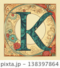 Vintage ornate letter K in retro style. Vector illustration. 138397864