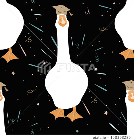 Cute graduate goose seamless pattern. Graduation funny background. Vector illustration. Cute graduate goose seamless pattern. Graduation funny background. Vector illustration. 138398289