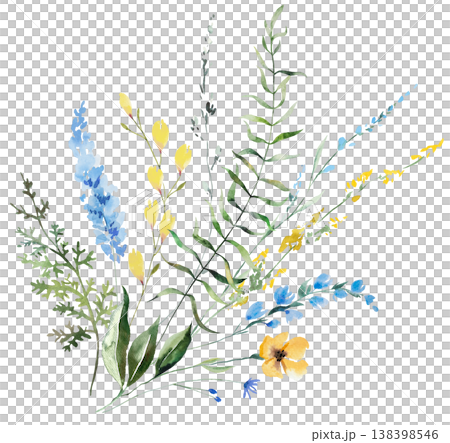 Watercolor bouquet with yellow and blue wildflowers, isolated illustration for wedding stationery Watercolor bouquet with yellow and blue wildflowers, isolated illustration for wedding stationery 138398546