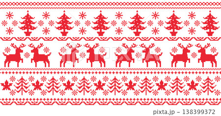 トナカイとツリーの編み物調ノルディック柄ライン　赤　白背景 138399372