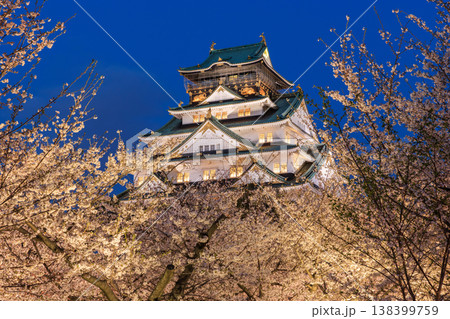 西の丸庭園から見た大阪城と桜のライトアップ 138399759