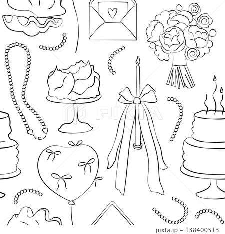Hand-drawn seamless birthday pattern, cake, candle, bow, bouquet, pearl necklace and party decor, accessories, birthday background 138400513
