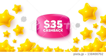 Cashback sticker stars banner. 3d stars background. 35 Usd cashback. Money back offer sign. Cash back promo symbol. Winner sparkle banner. Promo background. Vector 138400702