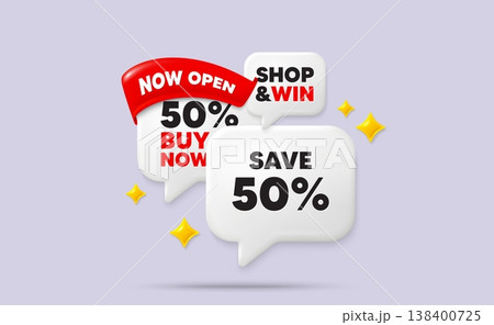 Discount speech bubbles. Now open flag ribbon. Save 50 percent off tag. Sale Discount offer price sign. Special offer symbol. Discount chat bubbles with 3d sparkles. Vector Discount speech bubbles. Now open flag ribbon. Save 50 percent off tag. Sale Discount offer price sign. Special offer symbol. Discount chat bubbles with 3d sparkles. Vector 138400725