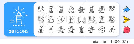 Lighthouse line icons. Interest rate, AI generate, Inflation icons. Searchlight tower with seagull for marine navigation of ships. Sea pharos, lighthouse or beacon icons. Vector Lighthouse line icons. Interest rate, AI generate, Inflation icons. Searchlight tower with seagull for marine navigation of ships. Sea pharos, lighthouse or beacon icons. Vector 138400753