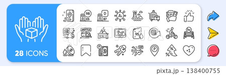 Food delivery, Rent car and Keys line icons. Interest rate, AI generate, Inflation icons. Pack of Lighthouse, Baggage cart, Petrol station icon. Vip flight, Parking payment, Parking pictogram. Vector 138400755
