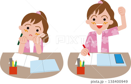 家庭学習する小学生の女の子。無気力とやる気の表情のイラスト。 138400949