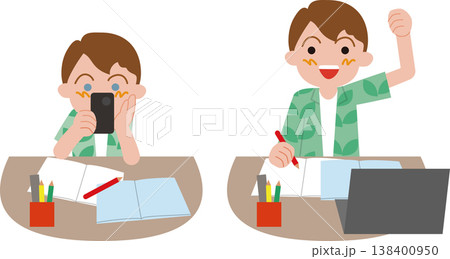 家庭学習する小学生の男の子。無気力とやる気の表情のイラスト。 138400950