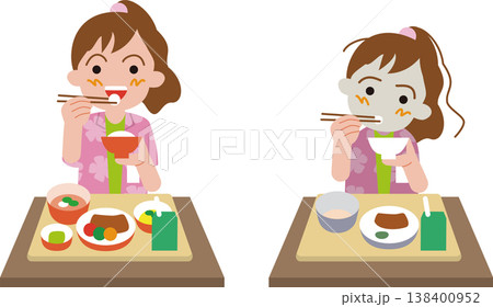 小学生の給食。バランスの良い米飯給食とご飯と汁物、牛乳だけの給食を食べる女子のイラスト。 138400952