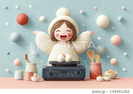 IHコンロで料理するふわもこ妖精｜パステルカラーのファンタジーキッチンイラスト 138401262