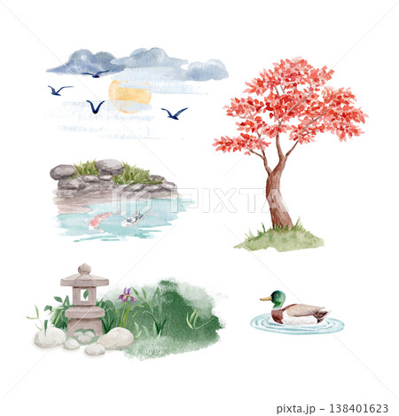 Japanese garden clipart set with trees, koi pond, duck and birds, hand painted watercolor elements isolated on white background. Zen nature collection for design, decor, packaging, stationery use 138401623