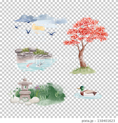 Japanese garden clipart set with trees, koi pond, duck and birds, hand painted watercolor elements isolated on white background. Zen nature collection for design, decor, packaging, stationery use Japanese garden clipart set with trees, koi pond, duck and birds, hand painted watercolor elements isolated on white background. Zen nature collection for design, decor, packaging, stationery use 138401623
