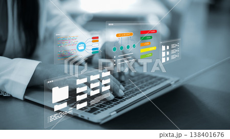 Efficient document management system for corporate business.Digital file storage and database organization.Cloud computing storage solution.Woman analyzing financial data and statistics with dms. 138401676