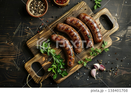 Grilled sausages served on rustic wooden board. Generative Ai 138401708
