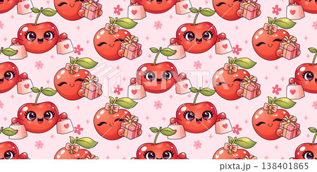 Seamless pattern with cute cherry characters holding shopping bags and gifts in kawaii style 138401865