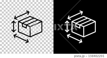 荷物のサイズのラインアイコン。白い線と黒い線のモノクロベクターイラスト 荷物のサイズのラインアイコン。白い線と黒い線のモノクロベクターイラスト 138402201