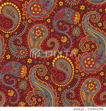 Abstract paisley motifs and flowers seamless pattern on red background. Intricate eastern vintage wallpaper. Abstract paisley motifs and flowers seamless pattern on red background. Intricate eastern vintage wallpaper. 138402394