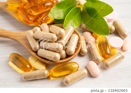 Alternative medicine herbal organic capsule drug herb. 138402665