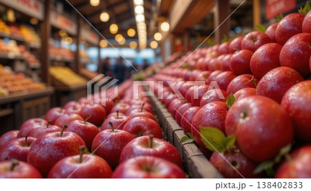 Row of ripe red apples on a wooden shelf in a blurred market setting with warm overhead lights. 138402833