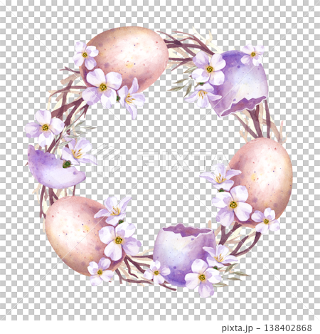 Rustic Easter floral wreath with bird eggs and spring flowers, watercolor botanical clipart for invitations. 138402868