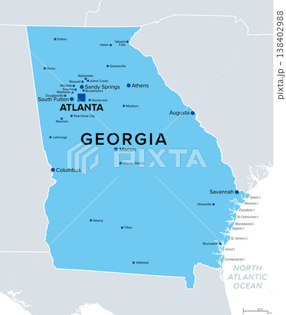 State of Georgia, political map. State in the Southeastern, South Atlantic, and Deep South regions of United States, with capital Atlanta, bordering the Atlantic Ocean. Isolated illustration. Vector State of Georgia, political map. State in the Southeastern, South Atlantic, and Deep South regions of United States, with capital Atlanta, bordering the Atlantic Ocean. Isolated illustration. Vector 138402988