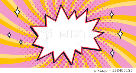Starburst vector comic star banner with pink burst and blank center over pink and yellow radial background with halftone and sparkles. Starburst vector banner with for posters and promo graphics Starburst vector comic star banner with pink burst and blank center over pink and yellow radial background with halftone and sparkles. Starburst vector banner with for posters and promo graphics 138403153