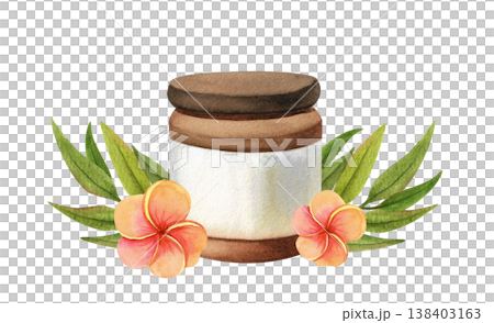 Hand drawn watercolor illustration of a cosmetic jar. Image depicts creams and beauty products for relaxation and unwinding. Hand drawn watercolor illustration of a cosmetic jar. Image depicts creams and beauty products for relaxation and unwinding. 138403163