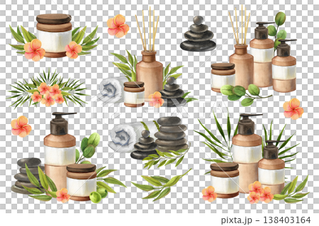 Set of accessories for Thai massage. Hand drawn watercolor illustrations for aromatherapy treatments. Images of creams and cosmetics for relaxation and rest. Set of accessories for Thai massage. Hand drawn watercolor illustrations for aromatherapy treatments. Images of creams and cosmetics for relaxation and rest. 138403164