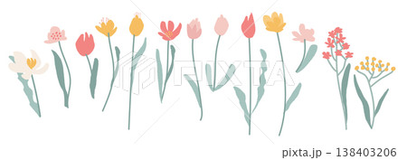 Set of abstract naive spring flowers and branches. Cute cutout blooming tulips and daisies in pastel colors isolated on white. Boho minimalist floral vector elements collection for Mother s Day design Set of abstract naive spring flowers and branches. Cute cutout blooming tulips and daisies in pastel colors isolated on white. Boho minimalist floral vector elements collection for Mother s Day design 138403206