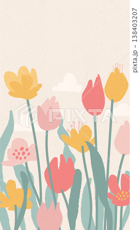 Abstract botanical vertical background. Naive blooming spring tulips and clouds in pastel colors with paper texture. Contemporary bohemian minimalist floral vector template for Mother s Day flyer. Abstract botanical vertical background. Naive blooming spring tulips and clouds in pastel colors with paper texture. Contemporary bohemian minimalist floral vector template for Mother s Day flyer. 138403207