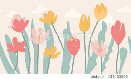 Seamless floral border. Abstract naive blooming spring flowers and clouds on pastel background. Cute bohemian minimalist vector illustration for Mother s Day washi tape and wrapping ribbon design. 138403209