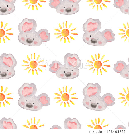 Hand-painted watercolor seamless pattern with flat funny koala and sun isolated on white. Cute, playful design perfect for kids products, nursery decor, textiles, packaging, stationery, branding 138403231