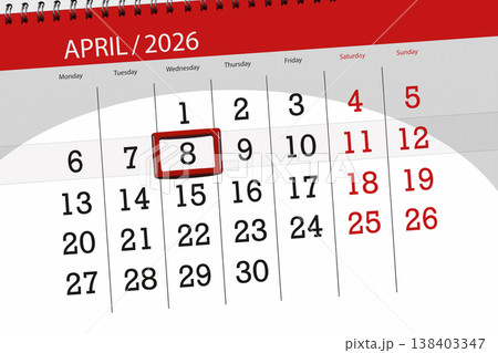Calendar 2026, deadline, day, month, page, organizer, date, April, wednesday, number 8 138403347