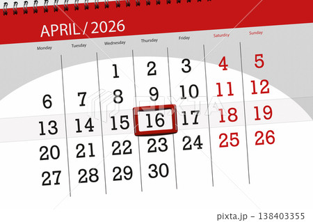 Calendar 2026, deadline, day, month, page, organizer, date, April, thursday, number 16 Calendar 2026, deadline, day, month, page, organizer, date, April, thursday, number 16 138403355