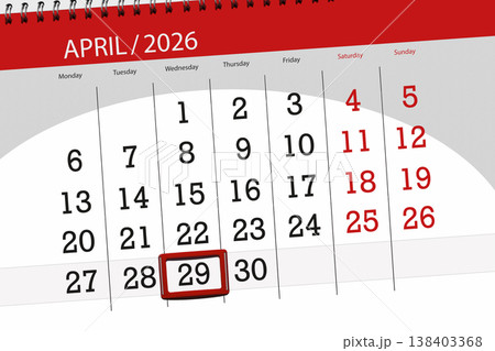 Calendar 2026, deadline, day, month, page, organizer, date, April, wednesday, number 29 138403368