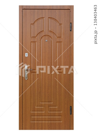 Closed alder wooden door isolated at white background. Image of a closed door. Entrance to apartment. Brown wood, designed and textured front door with lock and handle. Modern Door design. Closed alder wooden door isolated at white background. Image of a closed door. Entrance to apartment. Brown wood, designed and textured front door with lock and handle. Modern Door design. 138403463