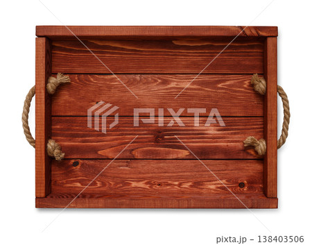 A square wood tray with copy space isolated on white background, top view 138403506