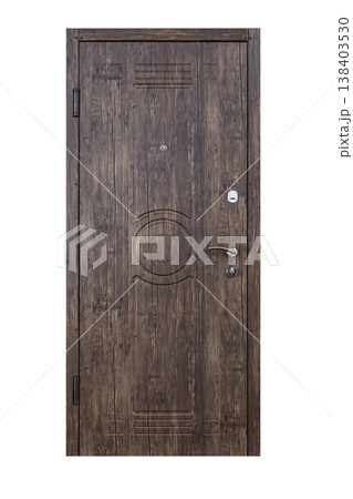 Closed palisander wooden door isolated at white background. Image of a closed door. Entrance to apartment. Dark brown wood, designed and textured front door with lock and handle. Modern Door design. 138403530