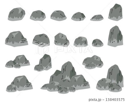 水墨画の雰囲気を取り入れたかわいい和風の岩のイラスト素材セット_濃い 138403575