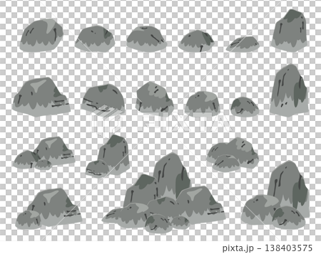 水墨画の雰囲気を取り入れたかわいい和風の岩のイラスト素材セット_濃い 138403575