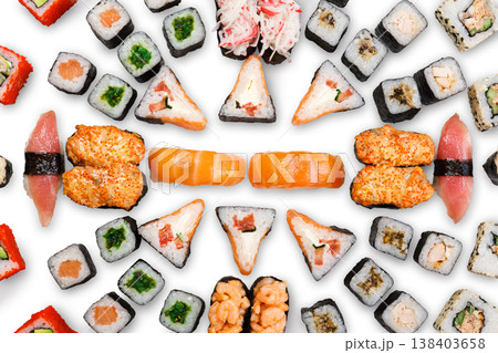 Japanese food restaurant delivery - sushi maki california roll big party platter set isolated on white background, above view Japanese food restaurant delivery - sushi maki california roll big party platter set isolated on white background, above view 138403658
