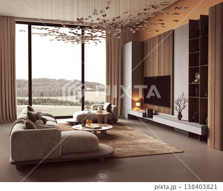 Modern Living Room with Large Sofa and Scenic Window View Modern Living Room with Large Sofa and Scenic Window View 138403821