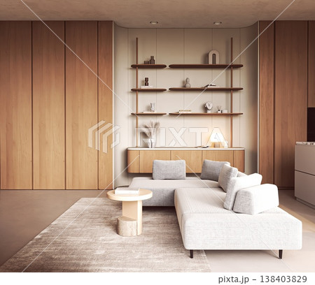 Modern Japandi Living Room with Wooden Paneling 138403829
