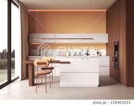 Modern Kitchen with White Island and Wooden Dining Table 138403833
