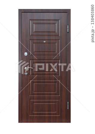 Closed wenge wooden door isolated at white background. Image of a closed door. Entrance to apartment. Dark brown wood, designed and textured front door with lock and handle. Modern Door design. 138403860
