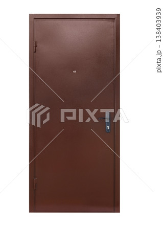Closed security door isolated at white background. Image of a closed metal door. Entrance to apartment. Brown metal, steel front door with lock and handle. Modern Door design. 138403939