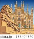 Lion statue and Milan Cathedral facade, Italy vector illustration 138404370